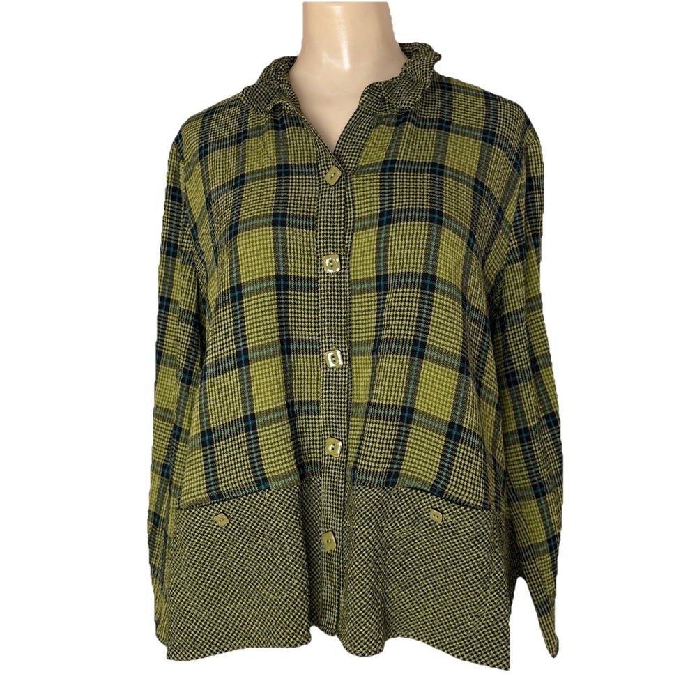 Habitat Clothes To Live In Womens S Plaid Button Front Textured Top Green